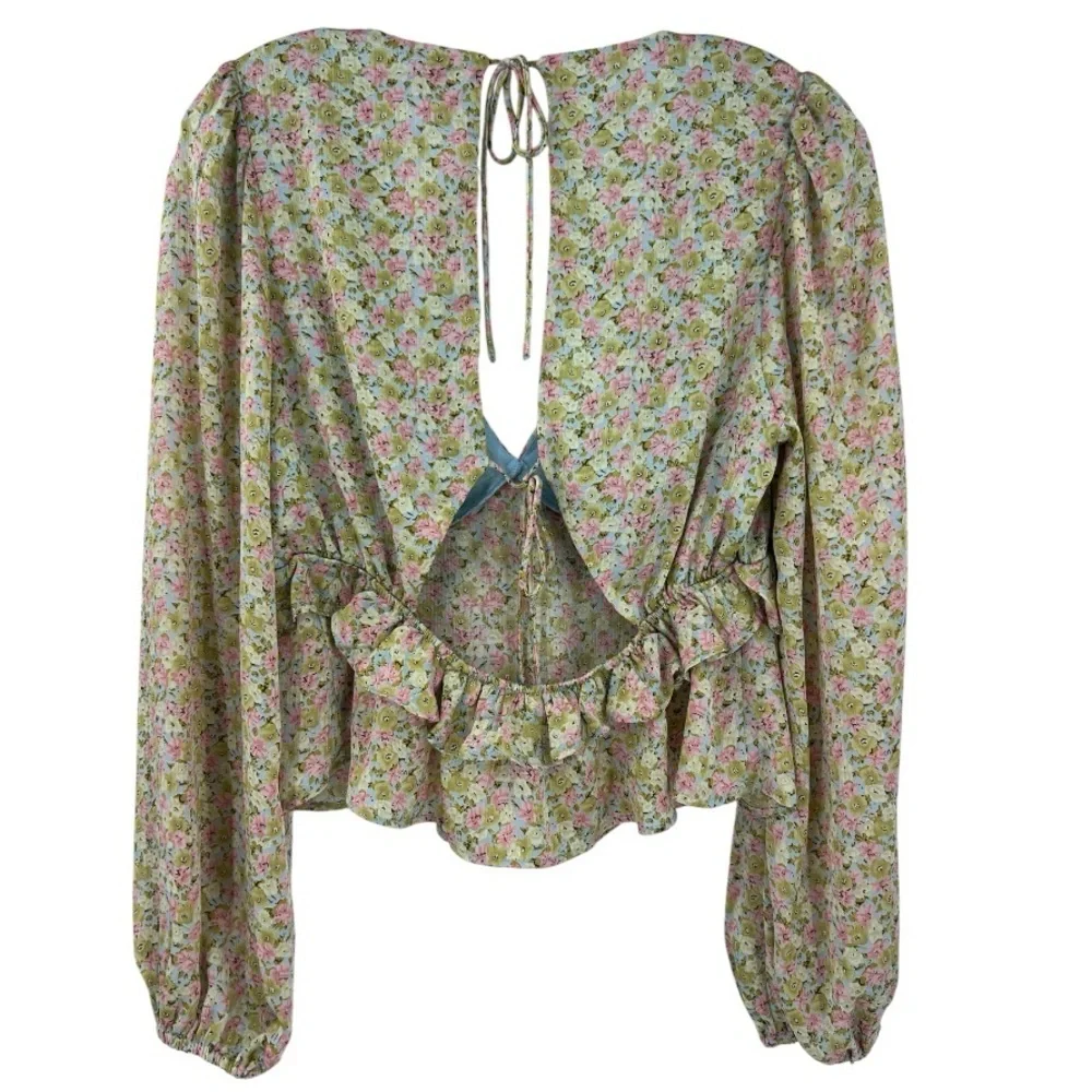 Astr the Label Floral Tie-Back Ruffle Cropped Cottagecore Blouse SZ M